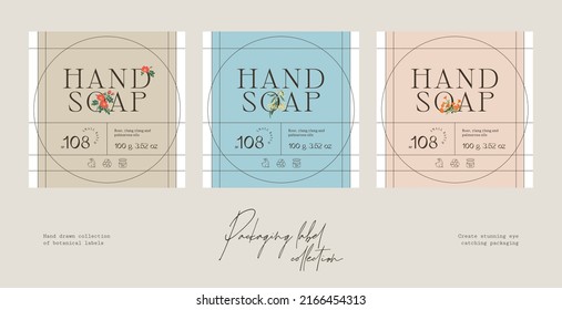 Hand drawn vector cosmetics label design template collection with botanical illustrations