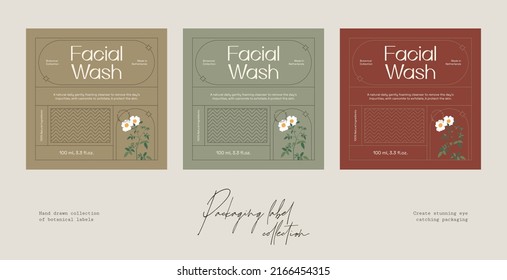 Hand drawn vector cosmetics label design template collection with botanical illustrations