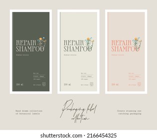 Hand drawn vector cosmetics label design template collection with botanical illustrations