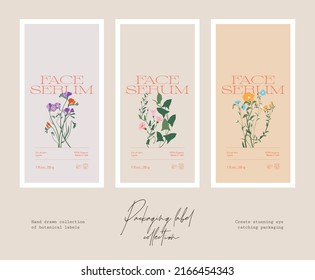 Hand drawn vector cosmetics label design template collection with botanical illustrations