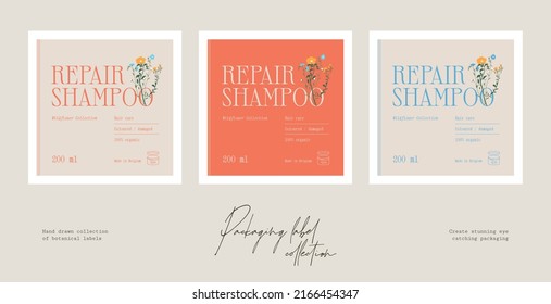 Hand drawn vector cosmetics label design template collection with botanical illustrations