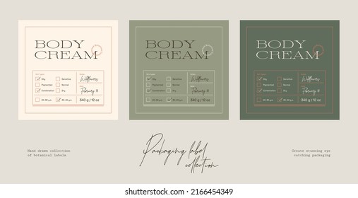 Hand drawn vector cosmetics label design template collection with botanical illustrations