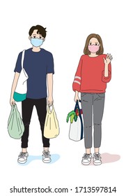 Hand Drawn Vector Couple Grocery Shopping Wearing Face Mask To Prevent Coronavirus.