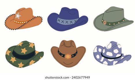 Sombreros vectores de vaquero dibujados a mano. Ilustración vectorial plana de color. Colección de elementos retro. El tema de Cowboy Western y Wild West.