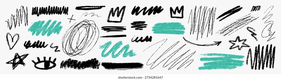 Hand drawn vector crayon scribbles and doodles. Abstract strokes, underlines and decorative marks for creative compositions and layouts.