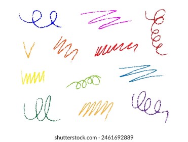 Hand drawn vector crayon various lines and doodles. Multi colored rough highlighters, chalk strokes, pencil dividers. Curly lines.