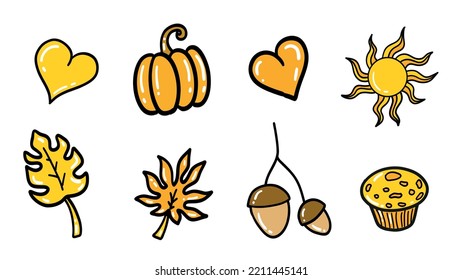 Hand Drawn Vector Creative Autumn Design Elements Isolated on White Background Autumn Dry Leaves, pumpkins acorns, sun, cupcake website or for prints Doodle style autumn cool stickers or doodle icons