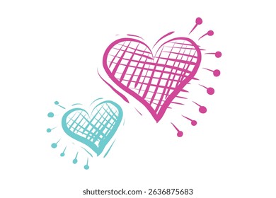 Hand Drawn Vector Creative Doodle Heart Design Element. Isolated on White Background. Magenta, Blue and Purple Neon Colors Sketch Design. Hand drawn style illustration. love heart symbol.