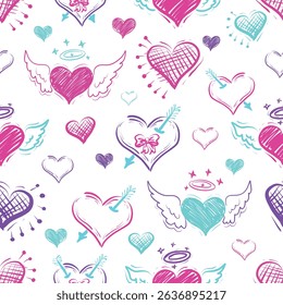 Hand Drawn Vector Creative Doodle Hearts Seamless Pattern Magenta, Blue and Purple Neon Colors Repeatable Pattern. For decorative gift wrapping paper, Card or Banner Template or Fabric textile prints.