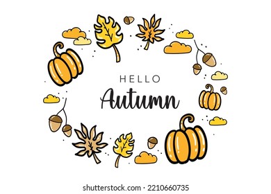 Hand Drawn Vector Creative Hello Autumn Card Design Isolated on White Background Autumn Dry Leaves, pumpkins, acorns and clouds Can be used in website or for prints Doodle style autumn design elements