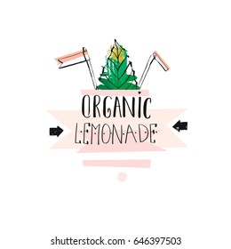 Hand drawn vector creative unique Lemonade sign with mint leaves,arrows and handwritten modern calligraphy quote Organic lemonade isolated on white background.Fresh Farm Market logo design,stamp,sign