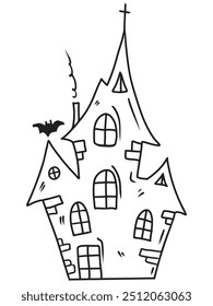 Hand drawn vector creepy haunted house with ghosts, cross and bat flying around in black isolated on white background. Sketch illustration in doodle engraved vintage line art style. Halloween