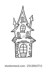 Hand drawn vector creepy haunted house castle with ghosts, in black isolated on white background. Sketch illustration in doodle engraved vintage line art style. Happy Halloween symbol