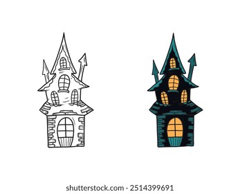 Hand drawn vector creepy haunted house castle with ghosts, with yellow window light and turquoise elements. Sketch illustration in doodle engraved vintage line art style. Happy Halloween coloring book