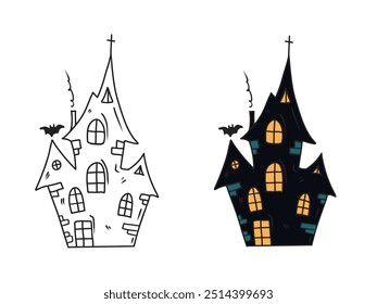 Hand drawn vector creepy haunted black house with ghosts, cross and bat flying around with yellow window light. Sketch illustration in doodle engraved vintage line art style. Halloween coloring book