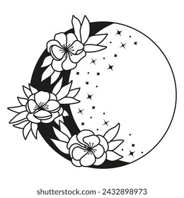 Hand drawn vector crescent moon and flowers potentilla
