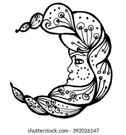 Hand drawn vector crescent moon art with face, magic design in black outlines for adult coloring pages, template