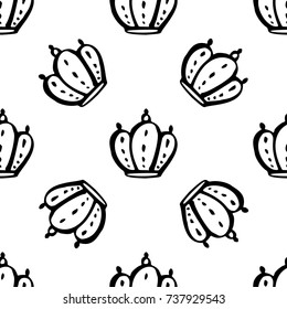 Hand drawn vector crown doodle minimalistic seamless pattern.