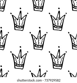 Hand drawn vector crown doodle minimalistic seamless pattern.
