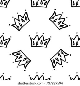 Hand drawn vector crown doodle minimalistic seamless pattern.