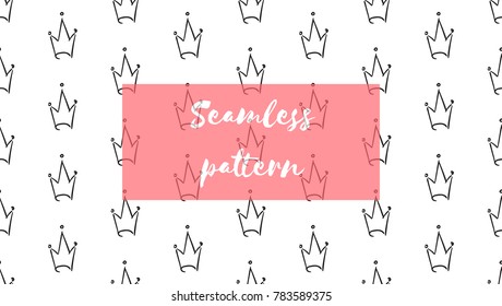 Hand drawn vector crown doodle minimalistic seamless pattern. Fashion illustration with the attributes of a king or a princess