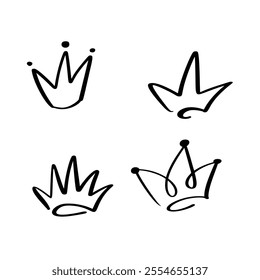 Hand drawn vector crown icon set, symbolizing royalty, leadership, and authority, perfect for logos, branding, and design creative projects.