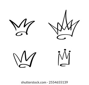 Hand drawn vector crown icon set, symbolizing royalty, leadership, and authority, perfect for logos, branding, and design creative projects.