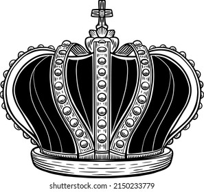 Hand drawn vector crown. Luxury crowns sketch, queen or king coronation doodle and majestic princess tiara. Monarchs queen diadem. Isolated vintage illustration symbol.