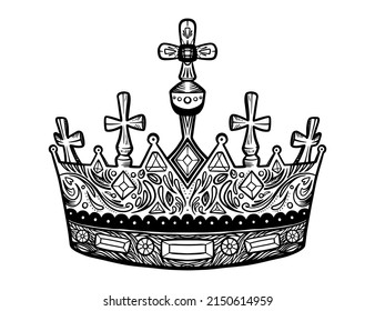 Hand drawn vector crown. Luxury crowns sketch, queen or king coronation doodle and majestic princess tiara. Monarchs queen diadem. Isolated vintage illustration symbol.