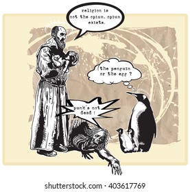 An hand drawn vector - Culture, or multiculture, meeting. Ironic and humorous image. Freehand sketching.