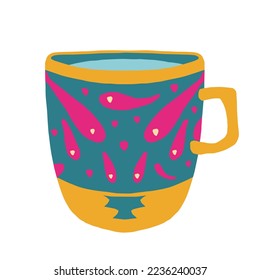 Hand drawn vector cup with tea or coffee. Side view. Flat design