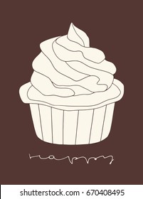 Hand drawn vector cupcake in naive style. Cartoon dessert illustration for kitchen, cafe and bakery. Element for birthday card