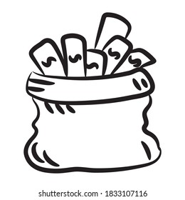 Vector de mano dibujado de saco de monedas, saco de dinero en forma de doodle 