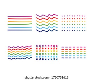 Imagen vectorial de líneas coloridas dibujadas a mano. Dotado, ondulado, recto, círculos, zigzags, cruces. Plantilla de patrón para ilustraciones. Creatividad infantil, tarjetas graciosas, invitaciones, cumpleaños.