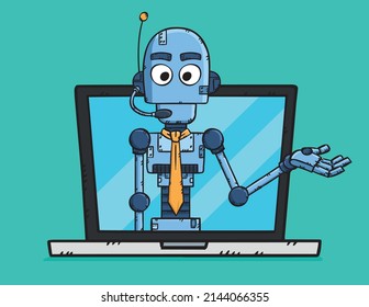 Hand drawn vector of customer support AI chat bot showing on laptop screen.