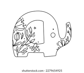 Hand drawn vector cute baby elephant with line berries, branches, flower texture. Icon outline illustration for greeting card baby, web design, invitation.