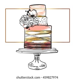 Hand drawn vector cute birthday or wedding template card with cake illustration in gold,pastel,black and white colors,with stripes and flowers decoration on cake stand isolated on white background