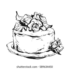 Hand drawn vector cute birthday or wedding cake ink graphic brush painted illustration with flowers decoration isolated on white background.Design for business,cake shop,flayer,decoration,sign,logo