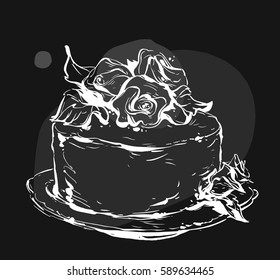 Hand drawn vector cute birthday or wedding cake ink graphic brush painted illustration with flowers decoration isolated on black background.Design for business,cake shop,bohemian wedding,birthday