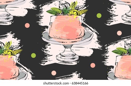 Hand drawn vector cute birthday or wedding seamless pattern with cake on stand illustration with lemon,leaves and polka dots isolated on black background.Wedding,birthday,save the date,decoration,logo