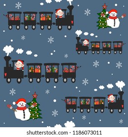 Hand drawn vector cute cartoon illustration seamless pattern Happy New Year and Marry Christmas 2019 with train, snowman, Santa Piggy, gifts and snowflake for baby textile, cloth texture or decoration