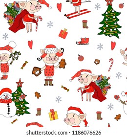 Hand drawn vector cute cartoon seamless pattern illustration Happy New Year and Marry Christmas 2019 with Santa Piggy, Christmas tree, snowman, gift, heart for baby textile, cloth texture or decor