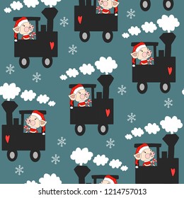 Hand drawn vector cute cartoon seamless pattern illustration Happy New Year and Merry Christmas with train, piggy and snowflake on the turquoise background for baby textile, cloth texture or decor