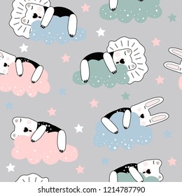 Hand drawn vector cute cartoon pastel color seamless pattern illustration with sleeping animal on the cloud for baby textile, cloth or linen texture, apparel, clothes or decoration
