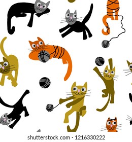 Hand drawn vector cute cartoon colorful seamless pattern illustration cats with clew on the white background for baby textile, cloth texture, apparel, clothes or decoration