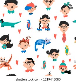 Hand drawn vector cute cartoon colorful seamless pattern  illustration family faces, dog, cat, bird parrot and heart on the white background for baby textile, cloth, linen texture or decoration