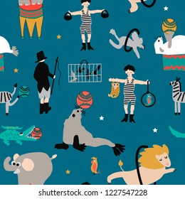 Hand drawn vector cute cartoon colorful seamless pattern illustration circus on the turquoise background for baby textile, cloth, linen texture or home decoration