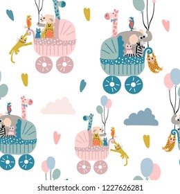 Hand drawn vector cute cartoon seamless pattern illustration baby carriage with animals on the white background for baby textile, cloth, linen texture or home decoration
