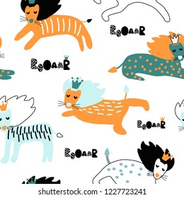 Hand drawn vector cute cartoon seamless pattern illustration little colorful lion with crown on the white background for baby textile, cloth, linen texture or home decoration