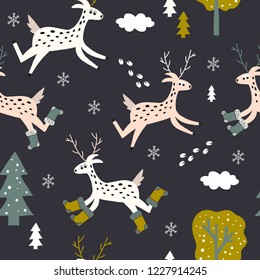 Hand drawn vector cute cartoon seamless pattern illustration little deer with felt boots, Christmas tree, snowflake and cloud on the dark blue background for baby textile, cloth, linen texture, decor.